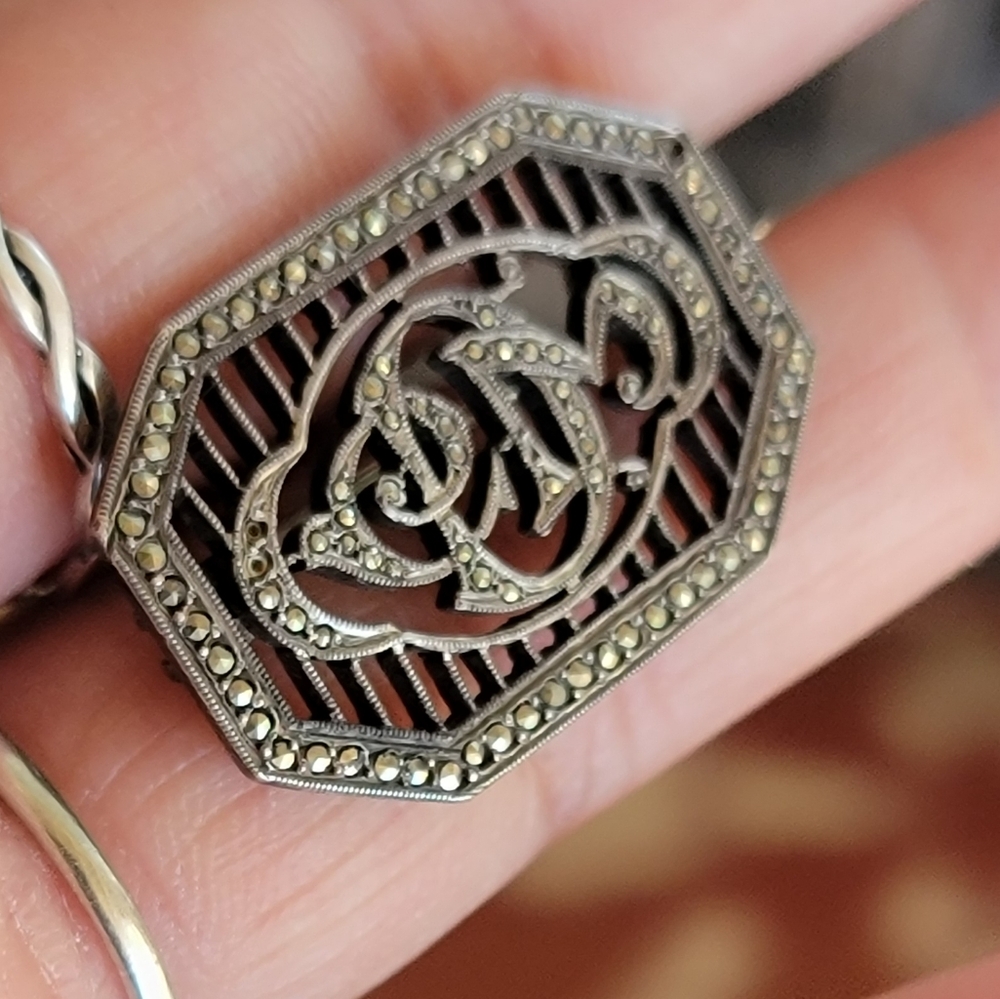 Vintage French 925 sterling silver marcasite Art Deco octagon
